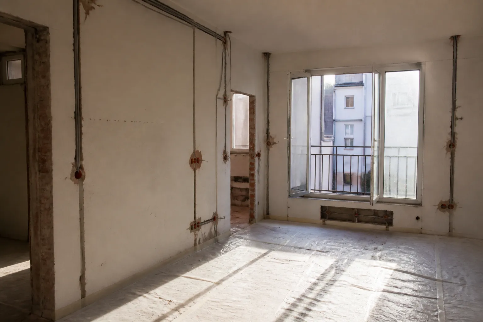Appartement en cours de rénovation, cloisons déposées et réseaux électriques apparents