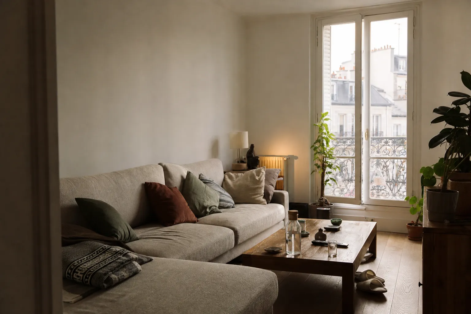 Séjour d’appartement rénové en fin de chantier, murs peints et sol posé, lumière rasante de fin de journée